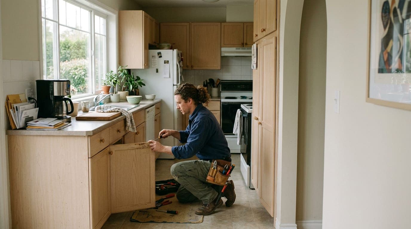 A handyman working on a kitchen cabinet repair, tools visible on the counter beside him.